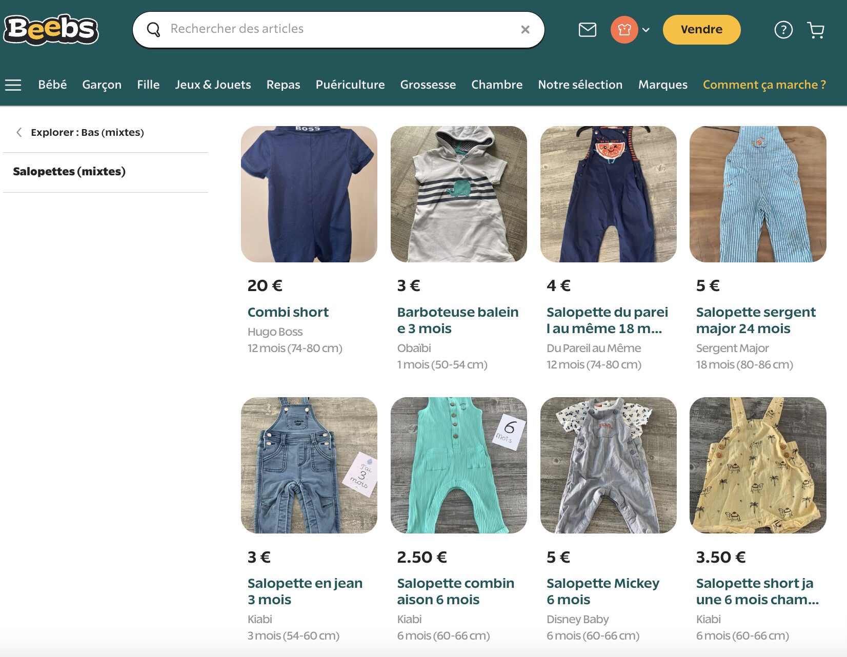 On trouve énormément de vêtements bébé et enfants d'occasion pas cher sur l'application Beebs.