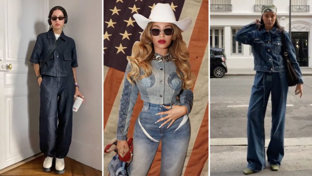 Comment porter la tendance denim on denim, ou jean sur jean, comme Beyoncé // Source : Captures d'écran instagram et TikTok
