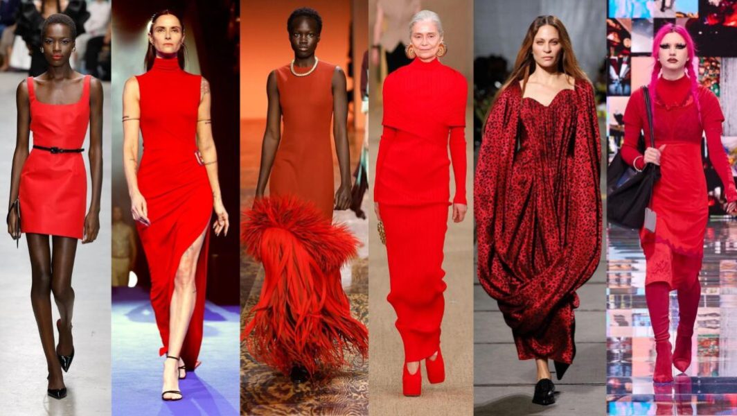 De gauche à droite : un total look rouge sur les défilés  automne-hiver 2024-2025 de Carolina Herrera, Casablanca, Bottega Veneta, Balmain, Alexander McQueen, et Balenciaga. // Source : Carolina Herrera, Casablanca, Bottega Veneta, Balmain, Alexander McQueen, et Balenciaga.