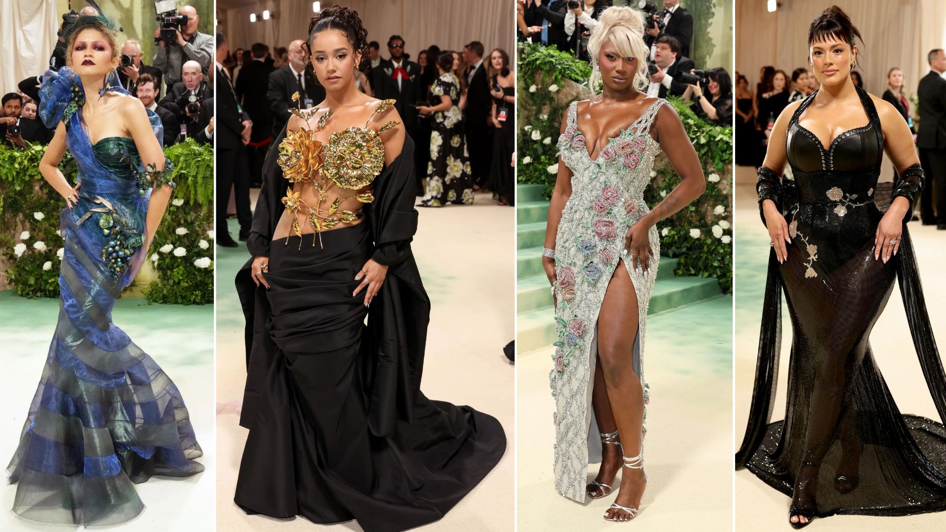 Zendaya Coleman, Lena Mahfouf, Aya Nakamura et Ashley Graham sur le tapis rouge du Met Gala 2024 // Source : Captures d'écran Instagram