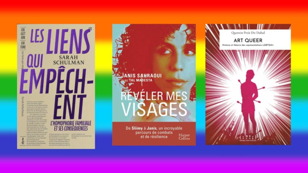 Couverture des livres "Les Liens qui empêchent", "Révéler mes visages" et "Art Queer" // Source : Éditions B42 / Harper Collins / Double Ponctuation