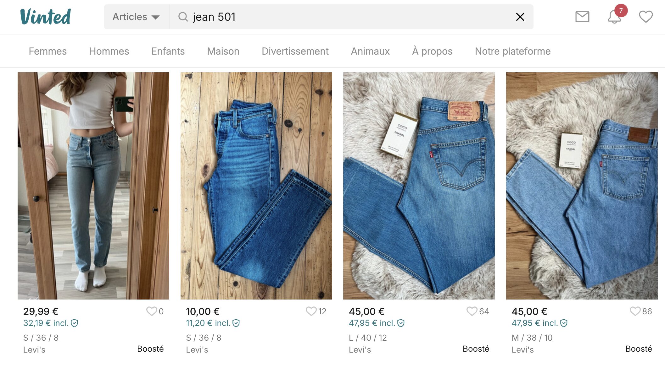 Sur Vinted, comment bien chiner un jean levi's de seconde main à sa taille // Source : Capture d'écran Vinted