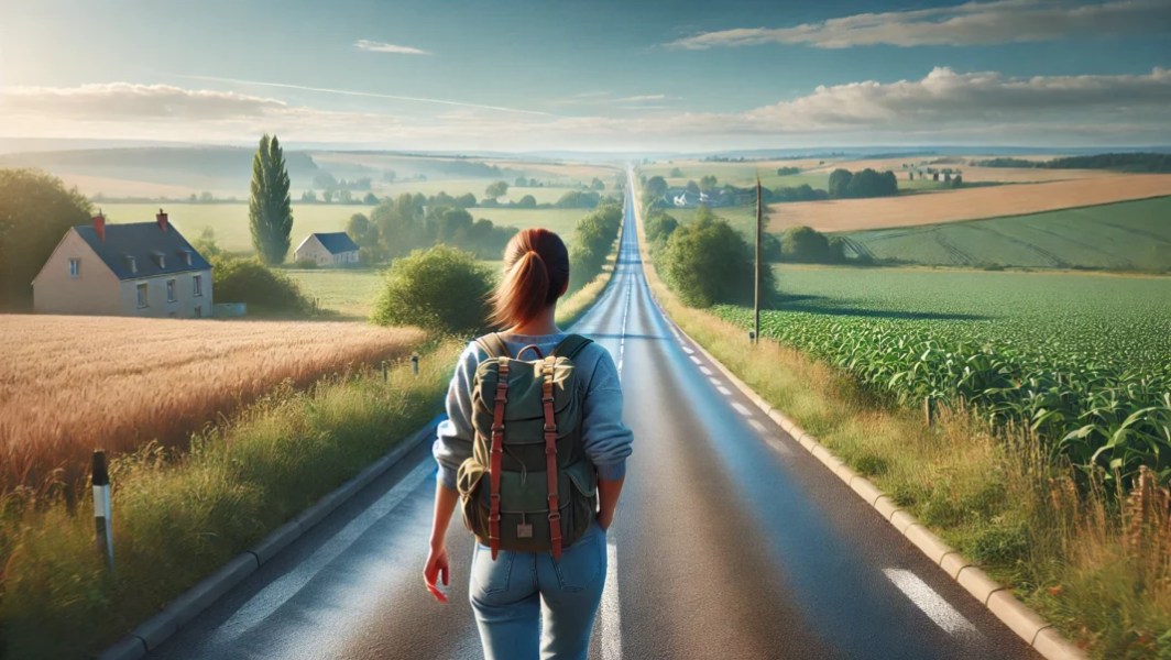 DALL·E 2024-07-26 11.55.45 – A photorealistic image of a woman traveling alone on foot on a deserted road in the French countryside. The scene is set on a clear, beautiful day wit