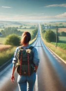 DALL·E 2024-07-26 11.55.45 – A photorealistic image of a woman traveling alone on foot on a deserted road in the French countryside. The scene is set on a clear, beautiful day wit