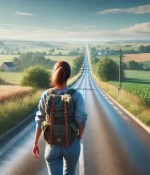 DALL·E 2024-07-26 11.55.45 – A photorealistic image of a woman traveling alone on foot on a deserted road in the French countryside. The scene is set on a clear, beautiful day wit
