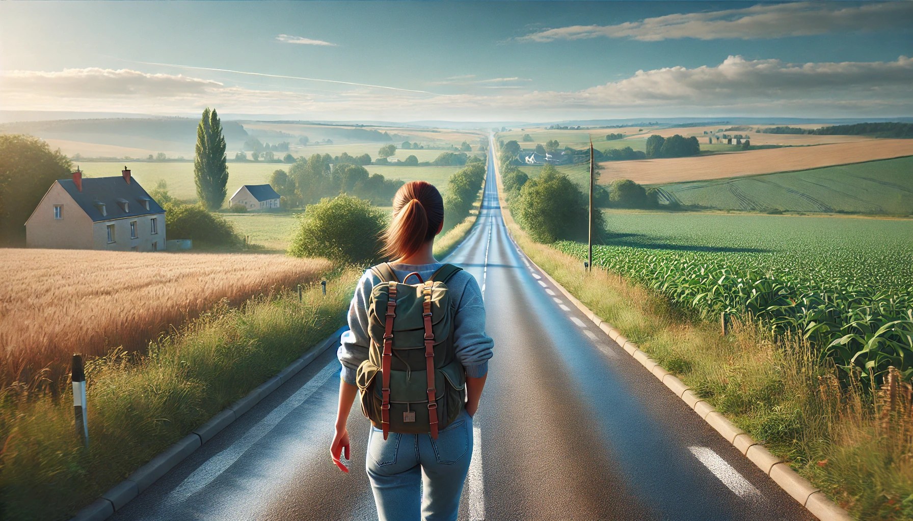 DALL·E 2024-07-26 11.55.45 – A photorealistic image of a woman traveling alone on foot on a deserted road in the French countryside. The scene is set on a clear, beautiful day wit