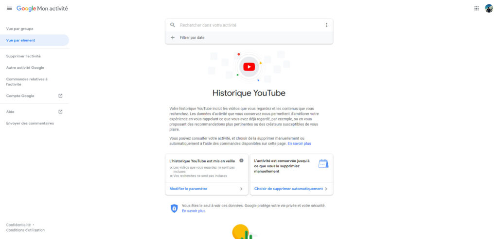 tableau de bord Google et paramètres de l'historique youtube
