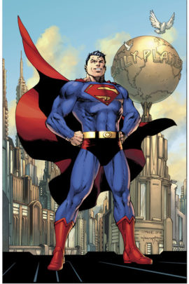 Image de Superman se tenant devant l'immeuble du Daily Planet.