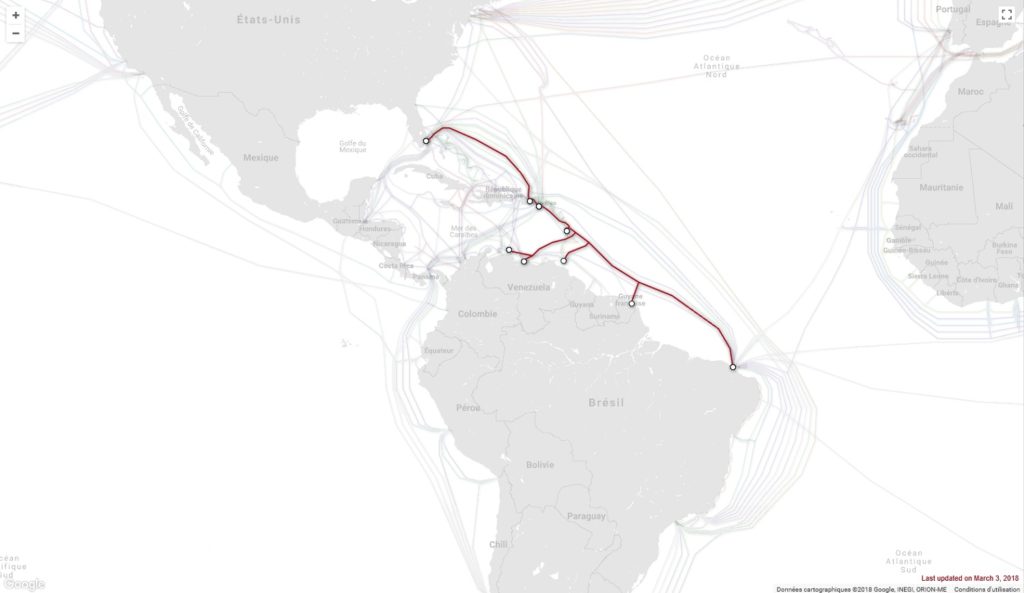 Tracé du câble sous-marin Americas II