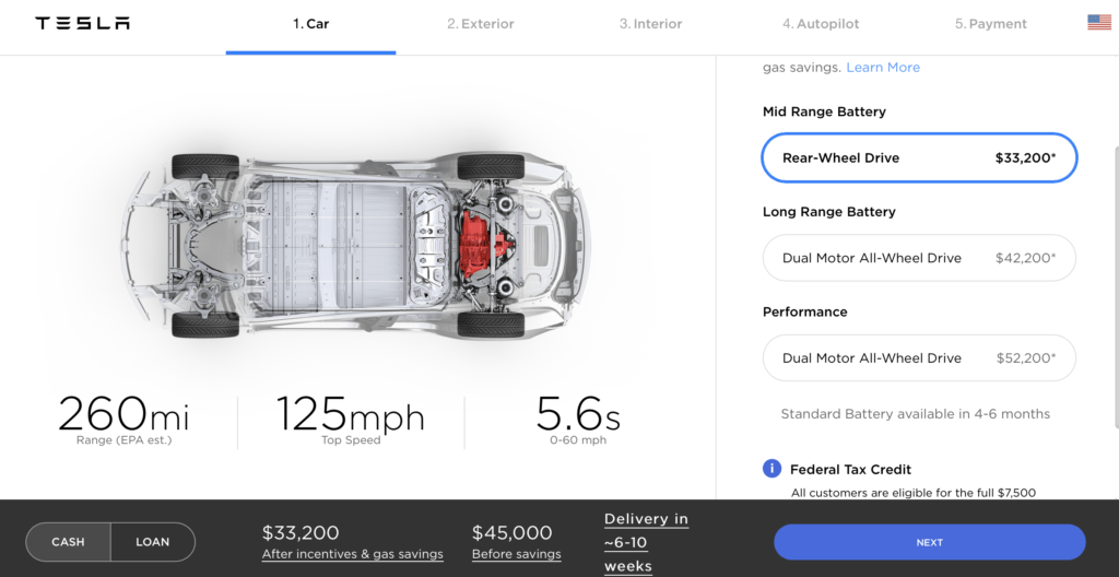 Configurateur Tesla à 45 000 dollars