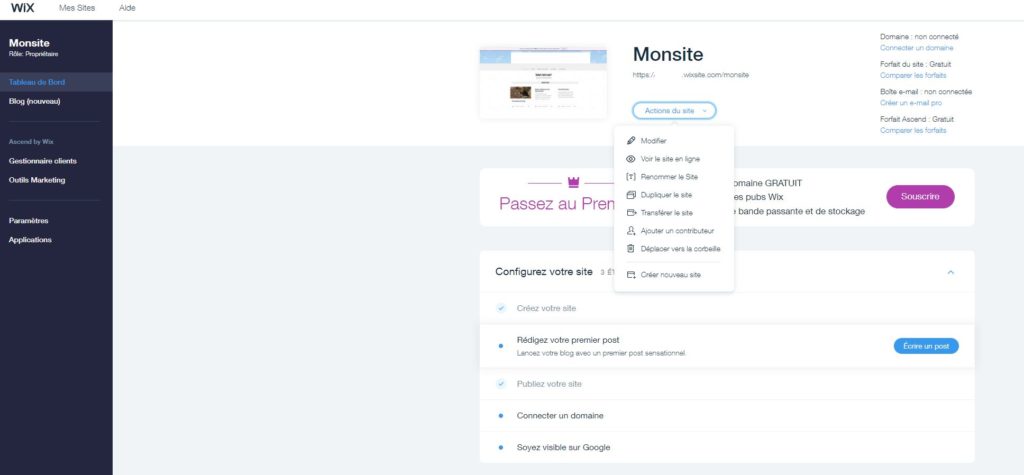 wix tableau de bord