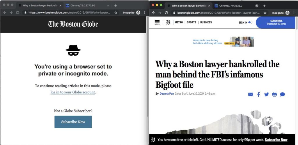 The Boston Globe paywall incognito