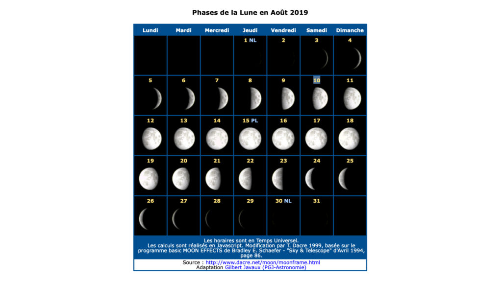 calendrier lunaire aout 2019 phases lune