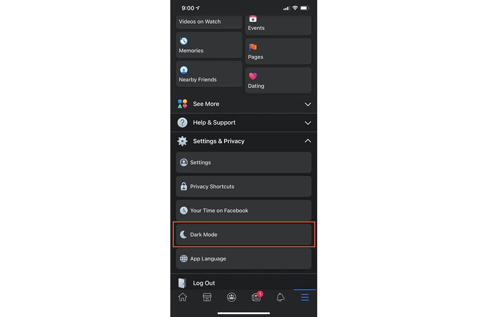Facebook app dark mode
