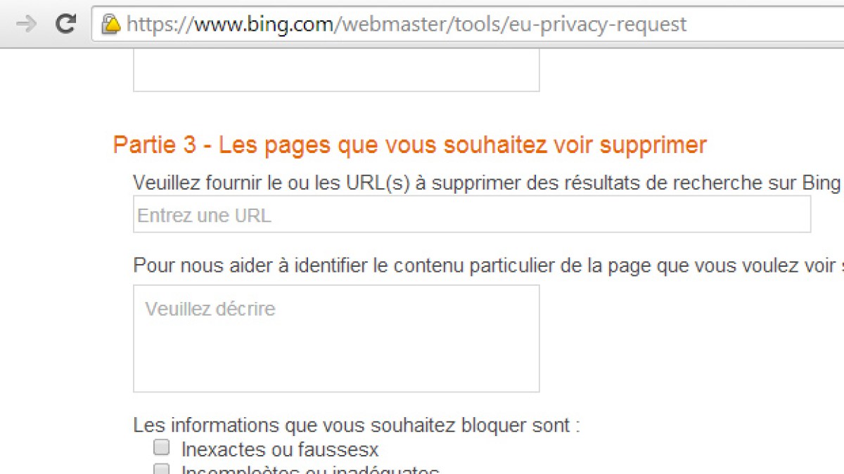 Un exemple de formulaire, sur Bing.