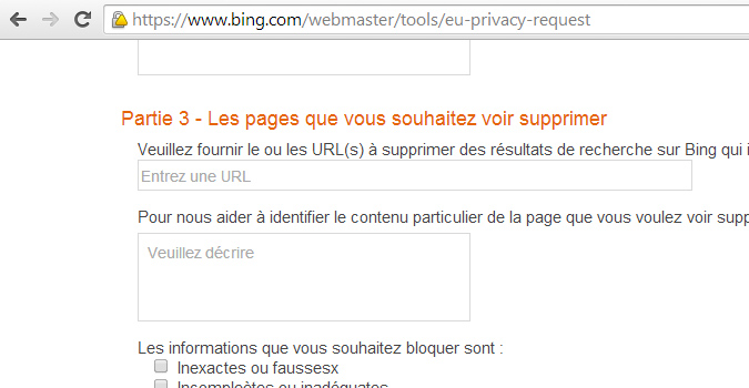 Un exemple de formulaire, sur Bing.