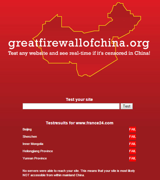 Capture d'écran du site GreatFirewallChina. Capture d'écran du site GreatFirewallChina.