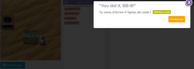 Hour of Code Star Wars niveau réussi Hour of Code Star Wars niveau réussi