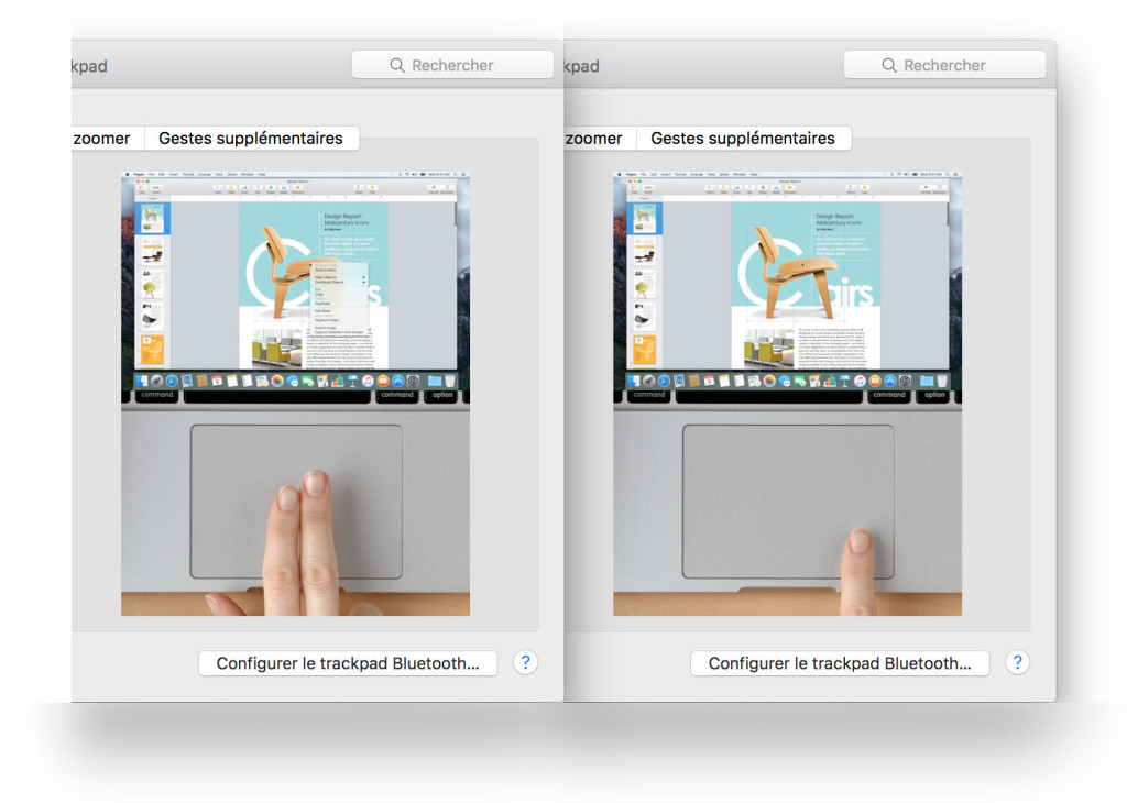 À gauche, le clic secondaire avec deux doigts, à droite le clic secondaire par clic-droit.