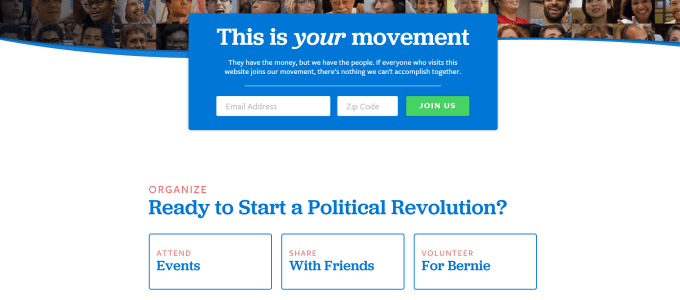Ici, la page NationBuilder de Bernie Sanders