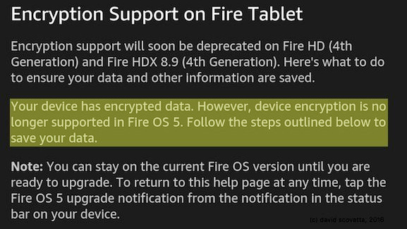 La mise à jour Fire OS 5 prévient que le chiffrement ne sera plus disponible.