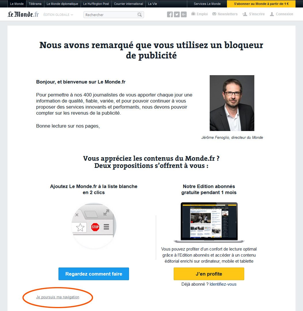Le site du Monde permet de poursuivre la navigation en cliquant sur un lien très discret, en bas de la page d'explications.