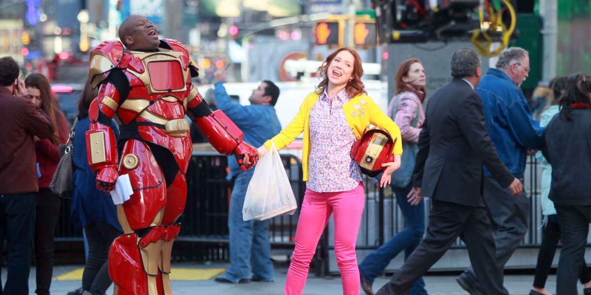 NEW YORK, NY - MARCH 27:  Tituss Burgess and Ellie Kemper on the set of "The Unbreakable Kimmy Schmidt" on March 27, 2014 in New York City.  (Photo by Steve Sands/GC Images)