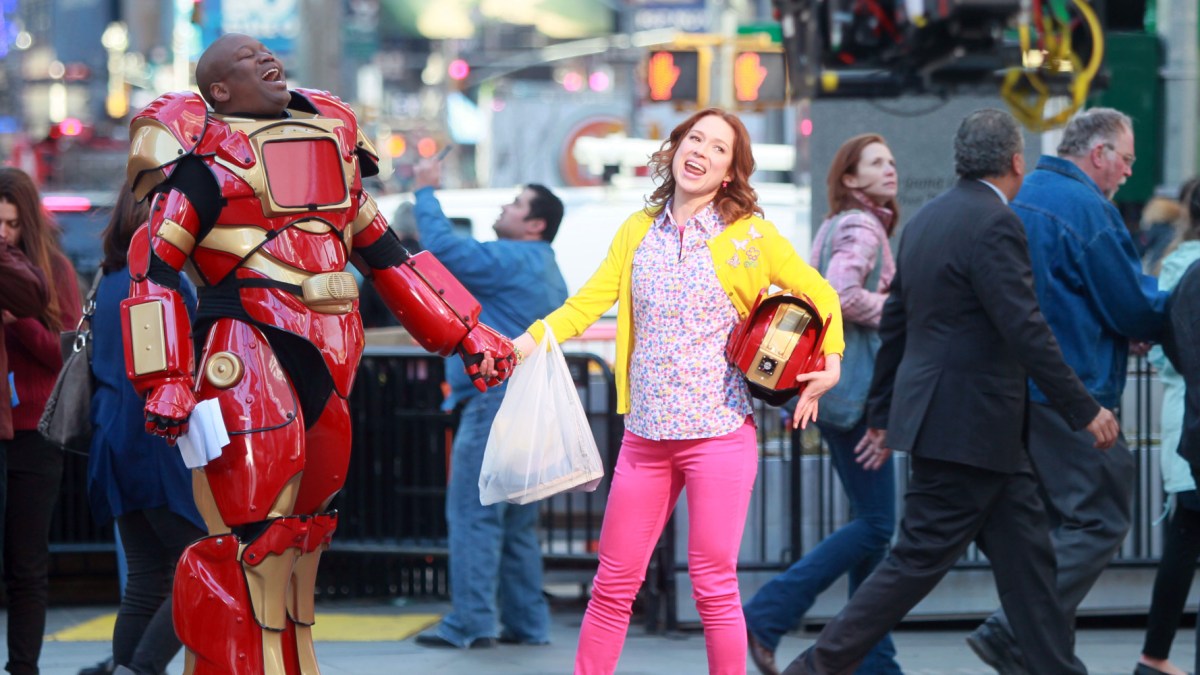 NEW YORK, NY - MARCH 27:  Tituss Burgess and Ellie Kemper on the set of "The Unbreakable Kimmy Schmidt" on March 27, 2014 in New York City.  (Photo by Steve Sands/GC Images)