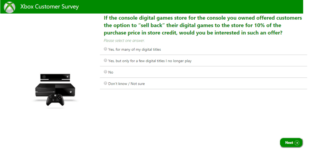 « Si le magasin de jeux dématérialisés pour la console que vous possedez offrez aux clients l'option de « revendre » leurs jeux dématérialisés au magasin pour 10 % du prix d'achat en bon d'achat, seriez-vous intéressez ? »