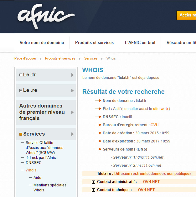 Enregistrement WHOIS de Tidal.fr, au 27 avril 2016