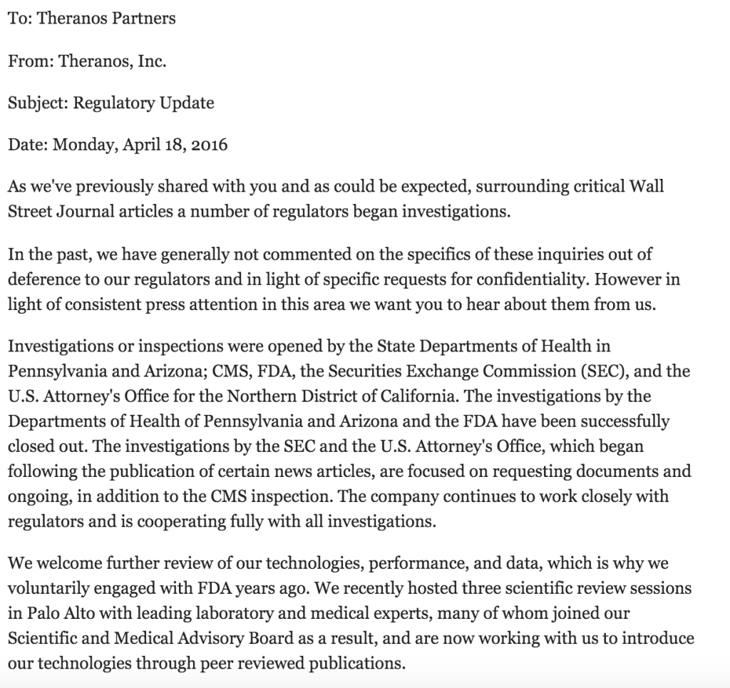 Copie du mémo envoyé aux partenaires de Theranos Labs, publié par Business Insider. Copie du mémo envoyé aux partenaires de Theranos Labs, publié par Business Insider.