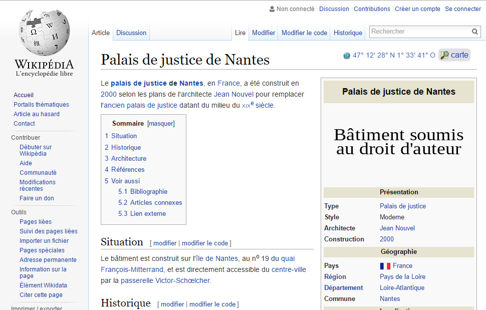 Proposer une photographie du Palais de Justice de Nantes (œuvre de Jean Nouvel) à Wikipédia pourrait vous y conduire, en tant qu'accusé.