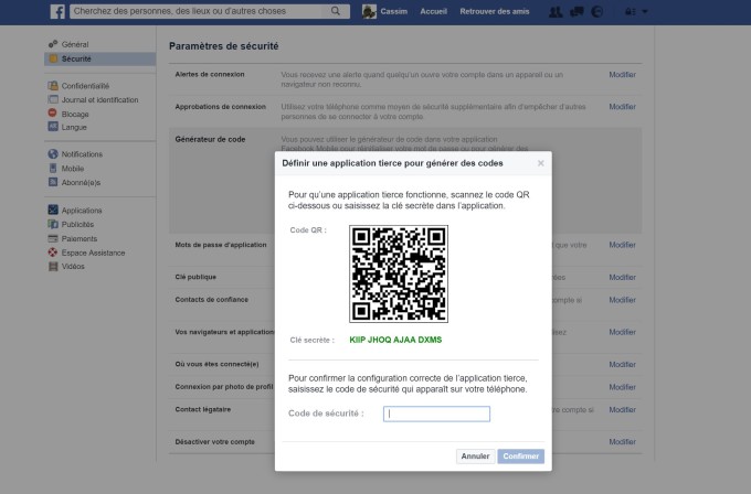 Facebook settings generateur de code