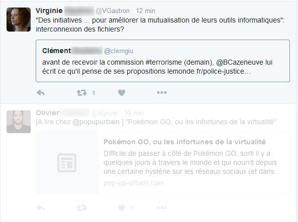 Un tweet normal et un tweet caché