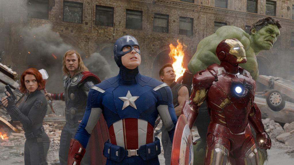 (L to R) Actors Scarlett Johansson, Chris Hemsworth, Chris Evans, Jeremy Renner, Robert Downey Jr. and Mark Ruffalo are shown in a scene from  