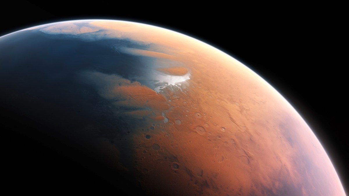 This artist’s impression shows how Mars may have looked about four billion years ago. The young planet Mars would have had enough water to cover its entire surface in a liquid layer about 140 metres deep, but it is more likely that the liquid would have pooled to form an ocean occupying almost half of Mars’s northern hemisphere, and in some regions reaching depths greater than 1.6 kilometres.