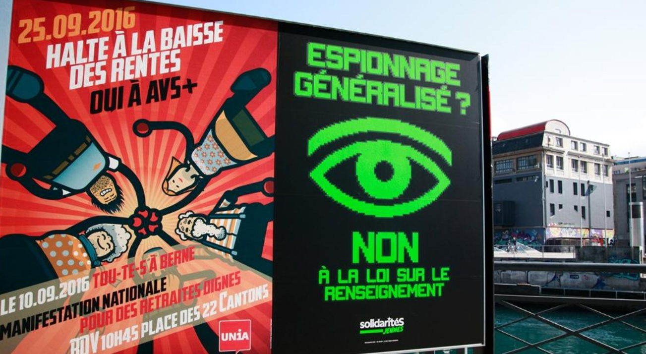 Affiche contre la loi sur le Renseignement en Suisse (crédit : Bilan.ch)