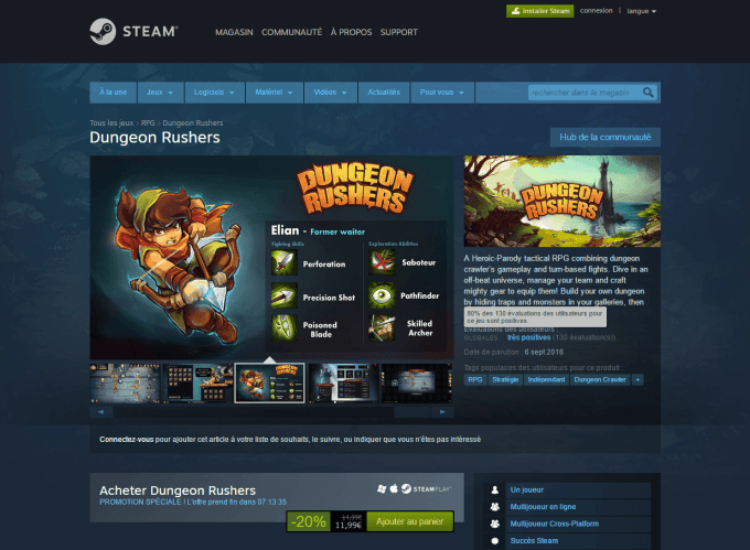Dungeon Rushers passe de 84% à 80% d'avis positifs sur Steam Dungeon Rushers passe de 84% à 80% d'avis positifs sur Steam