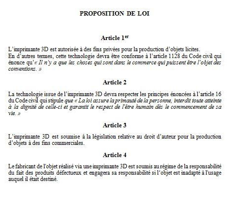 La proposition de loi sur l'impression 3D et l'ordre public, publiée par Nextinpact.