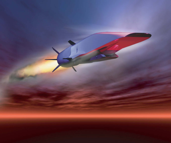 The X-51A Waverider is set to demonstrate hypersonic flight.  Powered by a Pratt Whitney Rocketdyne SJY61 scramjet engine, it is designed to ride on its own shockwavem and accelerate to about Mach 6.  (U.S. Air Force graphic)