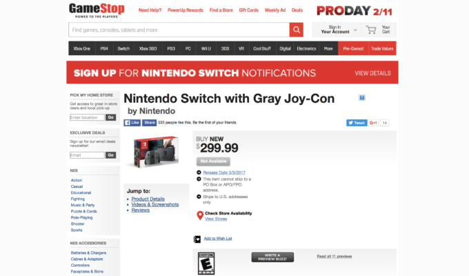 Impossible de précommander une Switch sur GameStop.