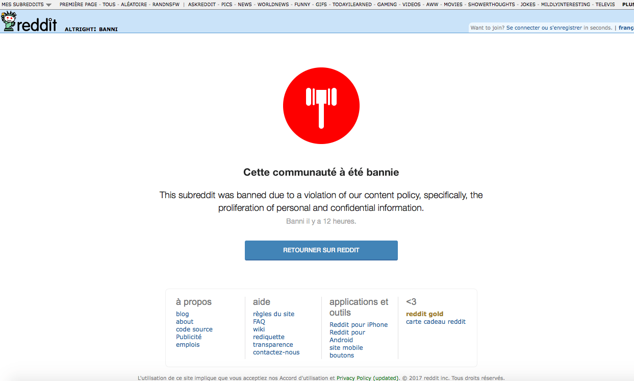 Le message affiché sur la page r/altright