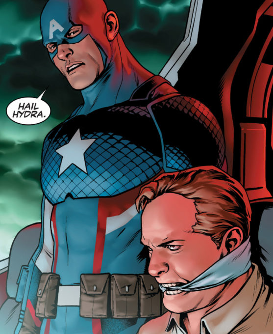 Fameuse page polémique où Captain America révèle son allégeance, dessinée par Daniel Acuña Fameuse page polémique où Captain America révèle son allégeance, dessinée par Daniel Acuña