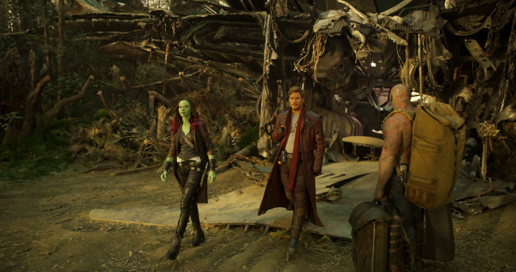 Guardians Of The Galaxy Vol. 2..L to R: Gamora (Zoe Saldana), Star-Lord/Peter Quill (Chris Pratt) and Drax (Dave Bautista)..Ph: Film Frame..©Marvel Studios 2017