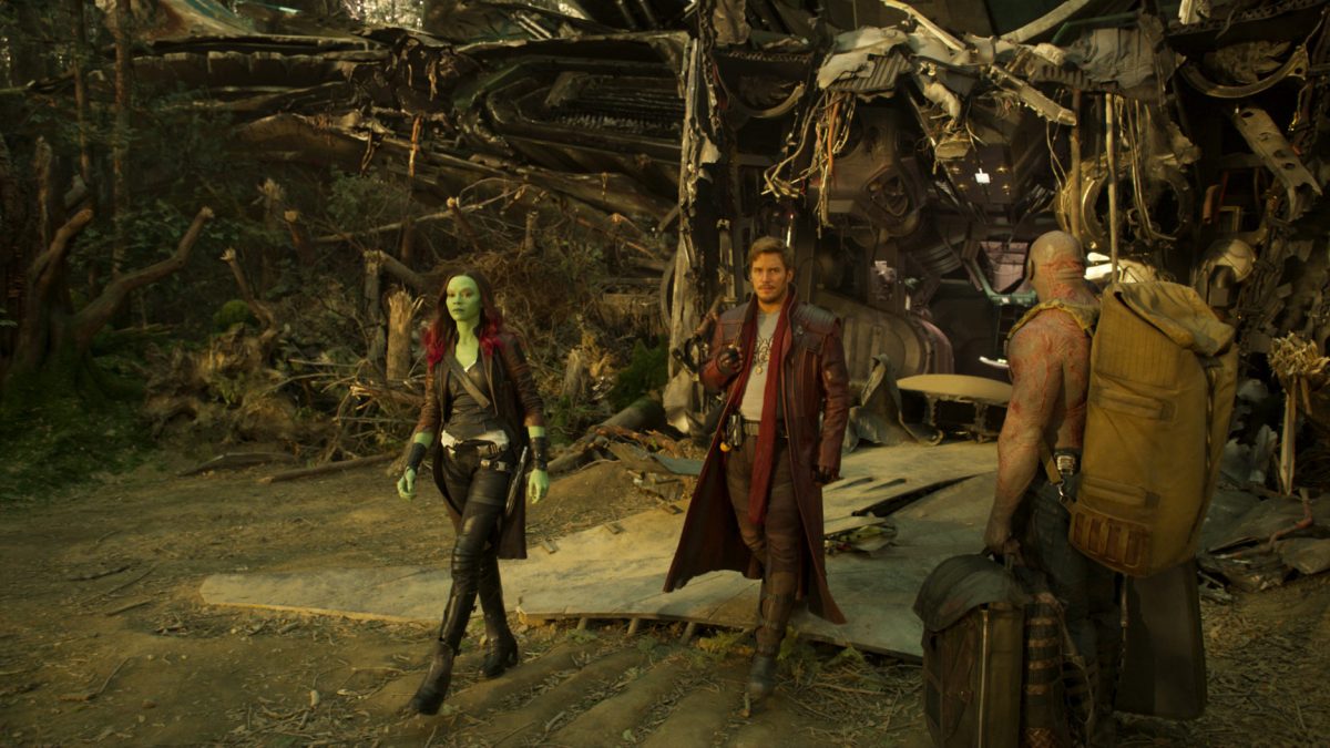 Guardians Of The Galaxy Vol. 2..L to R: Gamora (Zoe Saldana), Star-Lord/Peter Quill (Chris Pratt) and Drax (Dave Bautista)..Ph: Film Frame..©Marvel Studios 2017