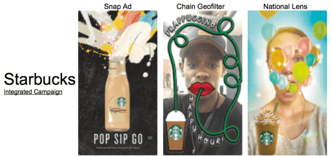 Campagne Snapchat pour Starbucks, avec les trois solutions déclinées. Campagne Snapchat pour Starbucks, avec les trois solutions déclinées.