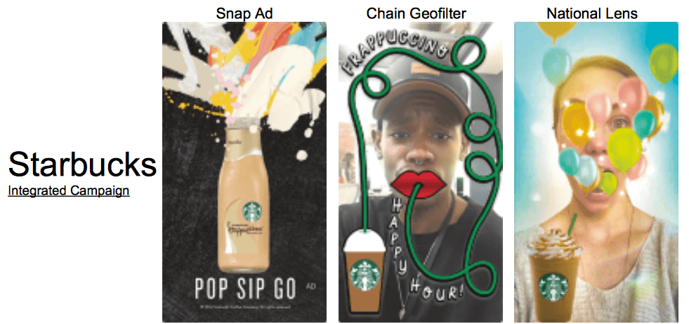 Campagne Snapchat pour Starbucks, avec les trois solutions déclinées.