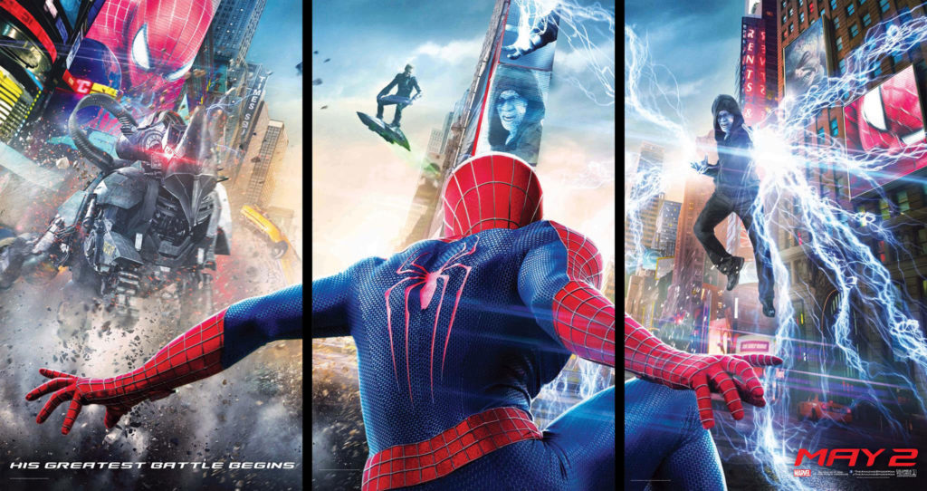 Affiches d'Amazing Spider-Man 2, film qui répétait alors l'erreur de vouloir trop de méchants en un seul film. Les critiques sur Spider-Man 3 ne semblaient pas avoir été entendues...
