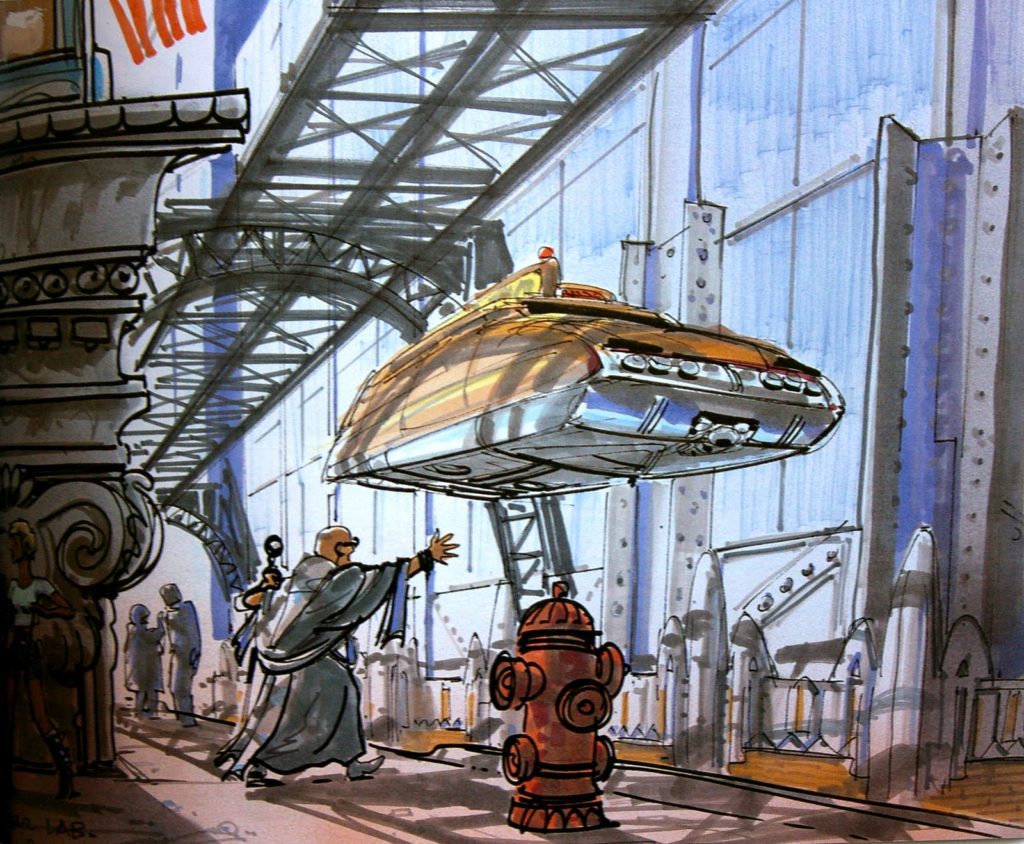 Concept-art réalisé par Jean-Claude Mézières pour la production du film Le Cinquième Élément de Luc Besson, sorti en 1997.