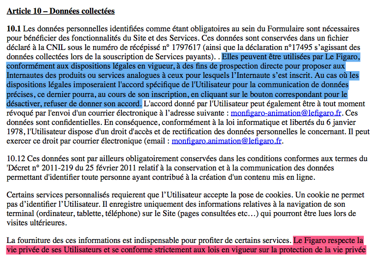 CGU Figaro.fr : en bleu, le paragraphe sur les données collectées par les services de l'éditeur CGU Figaro.fr : en bleu, le paragraphe sur les données collectées par les services de l'éditeur